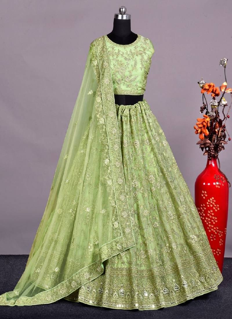 Kelly Green Heavy Mirror Embroidered Silk Wedding Wear Lehenga Choli -  ShopGarb - 3868497