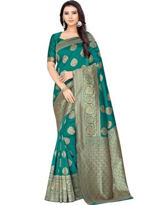 Turquoise
 Woven Silk Blend Saree With Blouse 2