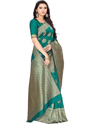Turquoise
 Woven Silk Blend Saree With Blouse 3