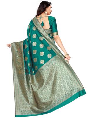 Turquoise
 Woven Silk Blend Saree With Blouse 5