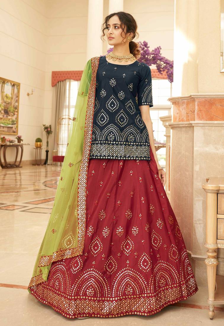 Red & Black Embroidered Thread Work Semi Stitched Lehenga & Unstitched Blouse With Dupatta