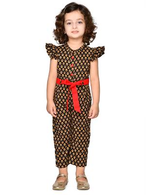 Girls Cotton Print Jump Suit with belt - Black and Red 1
