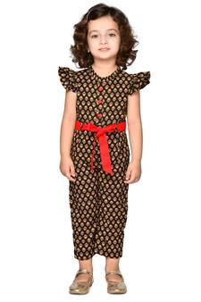 Girls Cotton Print Jump Suit with belt - Black and Red