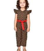 Girls Cotton Print Jump Suit with belt - Black and Red