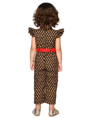 Girls Cotton Print Jump Suit with belt - Black and Red 2