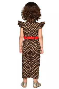 Girls Cotton Print Jump Suit with belt - Black and Red