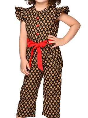 Girls Cotton Print Jump Suit with belt - Black and Red 3