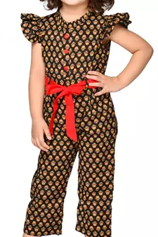 Girls Cotton Print Jump Suit with belt - Black and Red