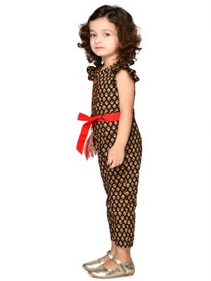 Girls Cotton Print Jump Suit with belt - Black and Red 4