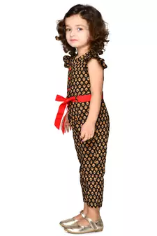 Girls Cotton Print Jump Suit with belt - Black and Red