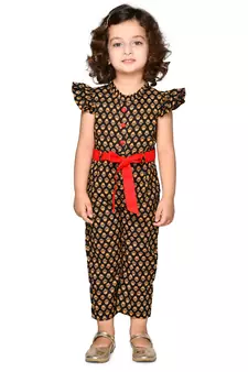 Girls Cotton Print Jump Suit with belt - Black and Red