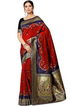 Red woven silk blend saree with blouse