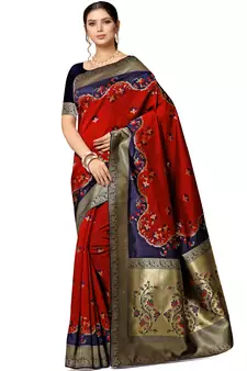 Red woven silk blend saree with blouse