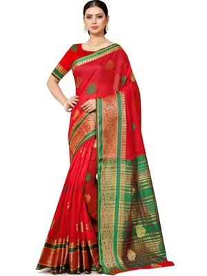 Red Woven Silk Blend Saree With Blouse 1