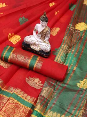 Red Woven Silk Blend Saree With Blouse 5