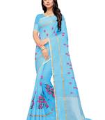 Blue Woven Super Net Saree With Blouse