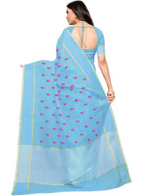 Blue Woven Super Net Saree With Blouse 2