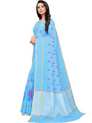 Blue Woven Super Net Saree With Blouse 3