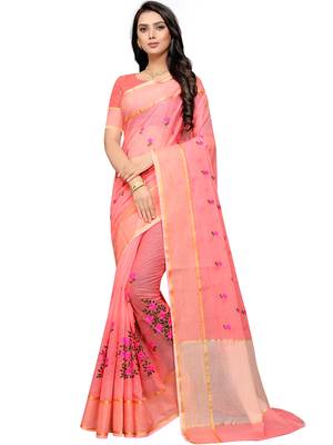 Peach Woven Super Net Saree With Blouse 1