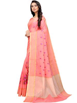 Peach Woven Super Net Saree With Blouse 2
