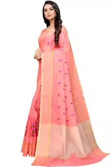 Peach Woven Super Net Saree With Blouse