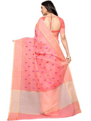 Peach Woven Super Net Saree With Blouse 3