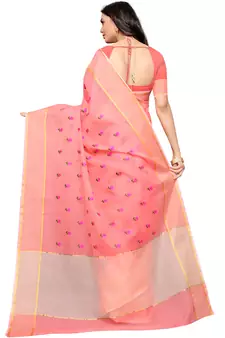 Peach Woven Super Net Saree With Blouse