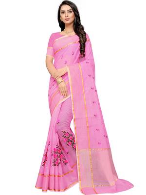 Pink Woven Super Net Saree With Blouse 1