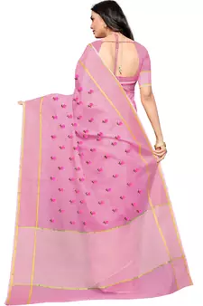 Pink Woven Super Net Saree With Blouse