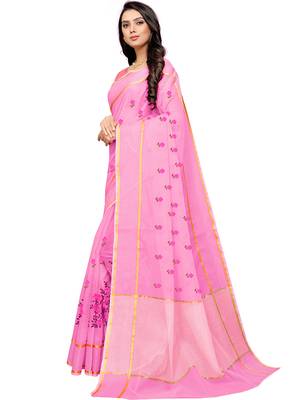 Pink Woven Super Net Saree With Blouse 3