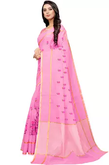 Pink Woven Super Net Saree With Blouse