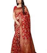 Red Woven Silk Blend Saree With Blouse