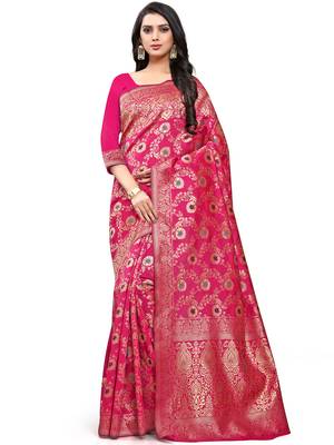 Pink Woven Silk Blend Saree With Blouse 1