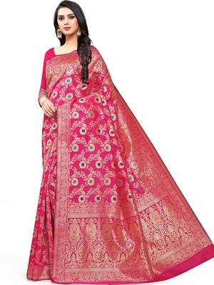 Pink Woven Silk Blend Saree With Blouse 2