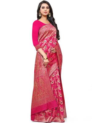 Pink Woven Silk Blend Saree With Blouse 3