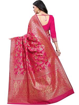 Pink Woven Silk Blend Saree With Blouse 4