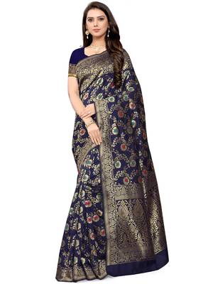 Navy Blue Woven Silk Blend Saree With Blouse 1