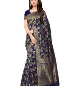 Navy Blue Woven Silk Blend Saree With Blouse