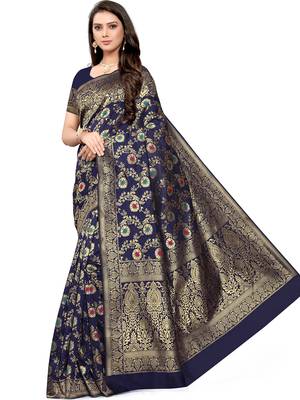 Navy Blue Woven Silk Blend Saree With Blouse 2