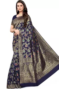 Navy Blue Woven Silk Blend Saree With Blouse