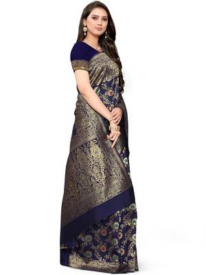 Navy Blue Woven Silk Blend Saree With Blouse 3