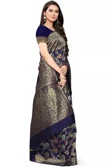 Navy Blue Woven Silk Blend Saree With Blouse