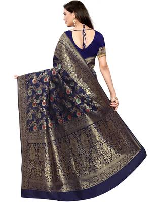 Navy Blue Woven Silk Blend Saree With Blouse 4