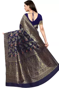 Navy Blue Woven Silk Blend Saree With Blouse