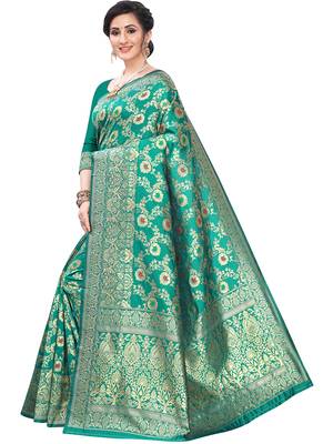 Turquoise Woven Silk Blend Saree With Blouse 1