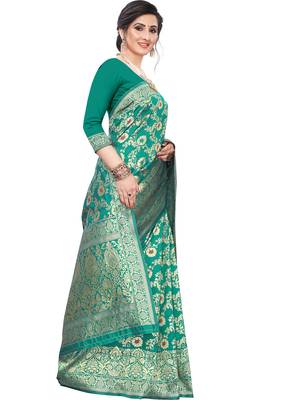 Turquoise Woven Silk Blend Saree With Blouse 2