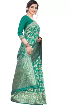 Turquoise Woven Silk Blend Saree With Blouse
