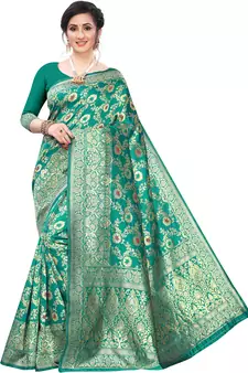 Turquoise Woven Silk Blend Saree With Blouse