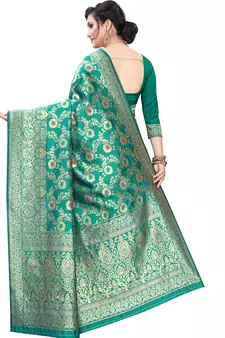 Turquoise Woven Silk Blend Saree With Blouse