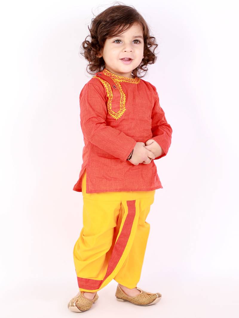 KID1 Embroidered Round Neck Kurta Dhoti